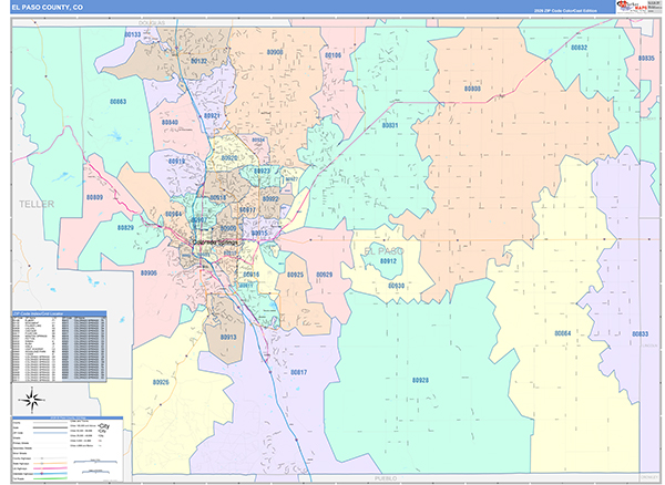 El Paso County, CO Wall Map Color Cast Style